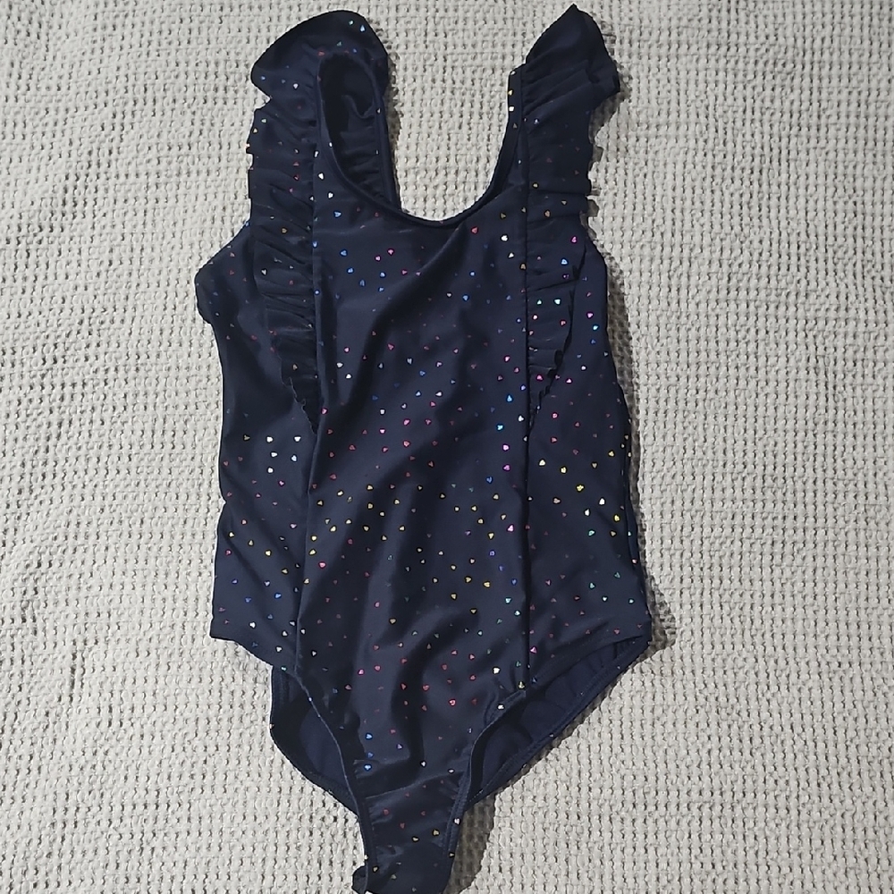 Navy Ruffled Swimsuit with Colorful Hearts